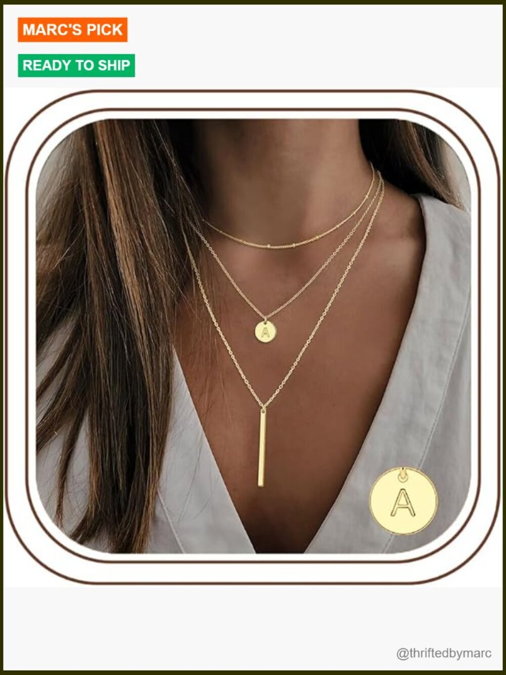 Layered Initial Y-Necklace Set, 14k Gold Plated Dainty Coin Letter Bar